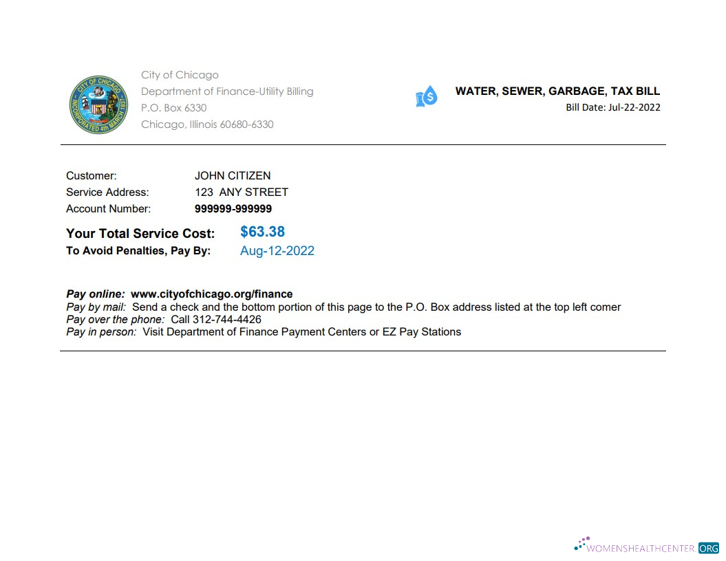 download USA Illinois Chicago water, sewer, garbage, tax bill Word and PDF template PDF template